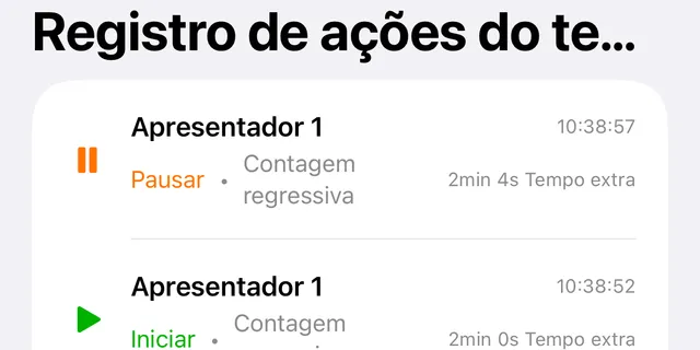 O Registro de ações do temporizador com um Pausar e um Iniciar, cada um com a hora e o tempo do temporizador
