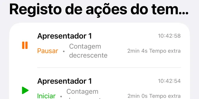 O Registo de ações do temporizador com um Pausar e um Iniciar, cada um com a hora e o tempo do temporizador
