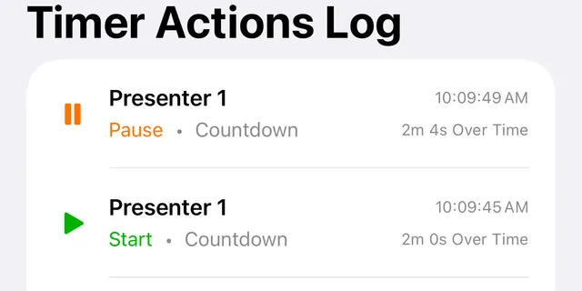 The Timer Actions Log with a Pause and a Start, each with the time of day and the time on the timer