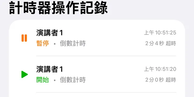計時器操作記錄，其中有一次暫停和一次開始，各自附有時刻和計時器時間