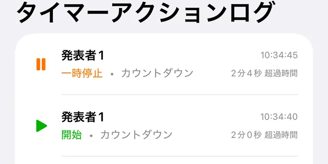 一時停止と開始が記録されたタイマーアクションログ。それぞれに時刻とタイマーの時間が表示されている
