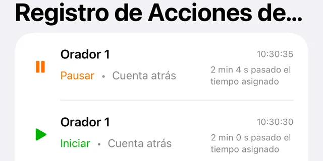 El Registro de Acciones del Temporizador con un Pausar y un Iniciar, cada uno con la hora y el tiempo del temporizador