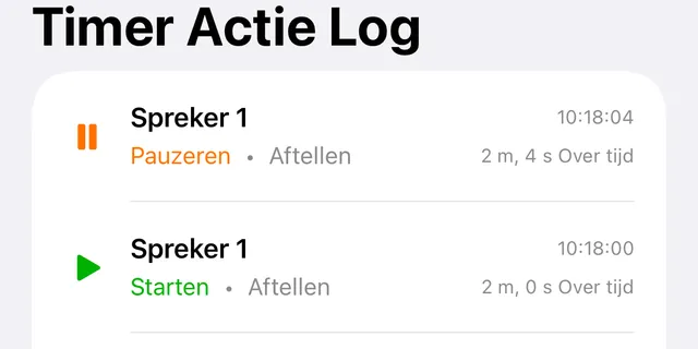 De Timer Actie Log met een Pauzeren en een Starten, elk met de kloktijd en de stand van de timer