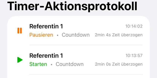 Das Timer-Aktionsprotokoll mit einem Pausieren und einem Starten, jeweils mit Uhrzeit und Timerstand