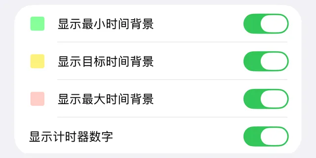正向计时（秒表）的设置：三个背景开关和“显示计时器数字”