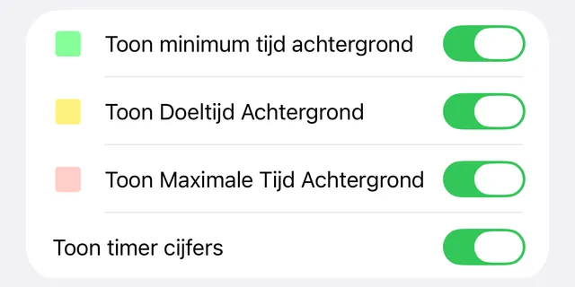 De instellingen voor Verstreken Tijd (Stopwatch): de drie achtergrondschakelaars en Toon timer cijfers