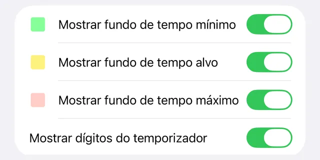 As definições de Contagem Progressiva (Cronómetro): os três interruptores de fundo e Mostrar dígitos do temporizador