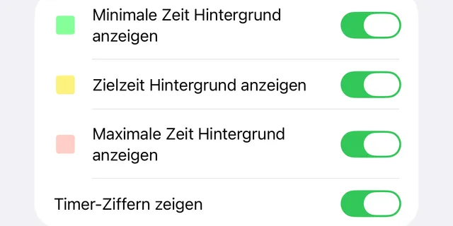 Die Einstellungen für Verstrichene Zeit (Stoppuhr): die drei Hintergrund-Schalter und Timer-Ziffern zeigen