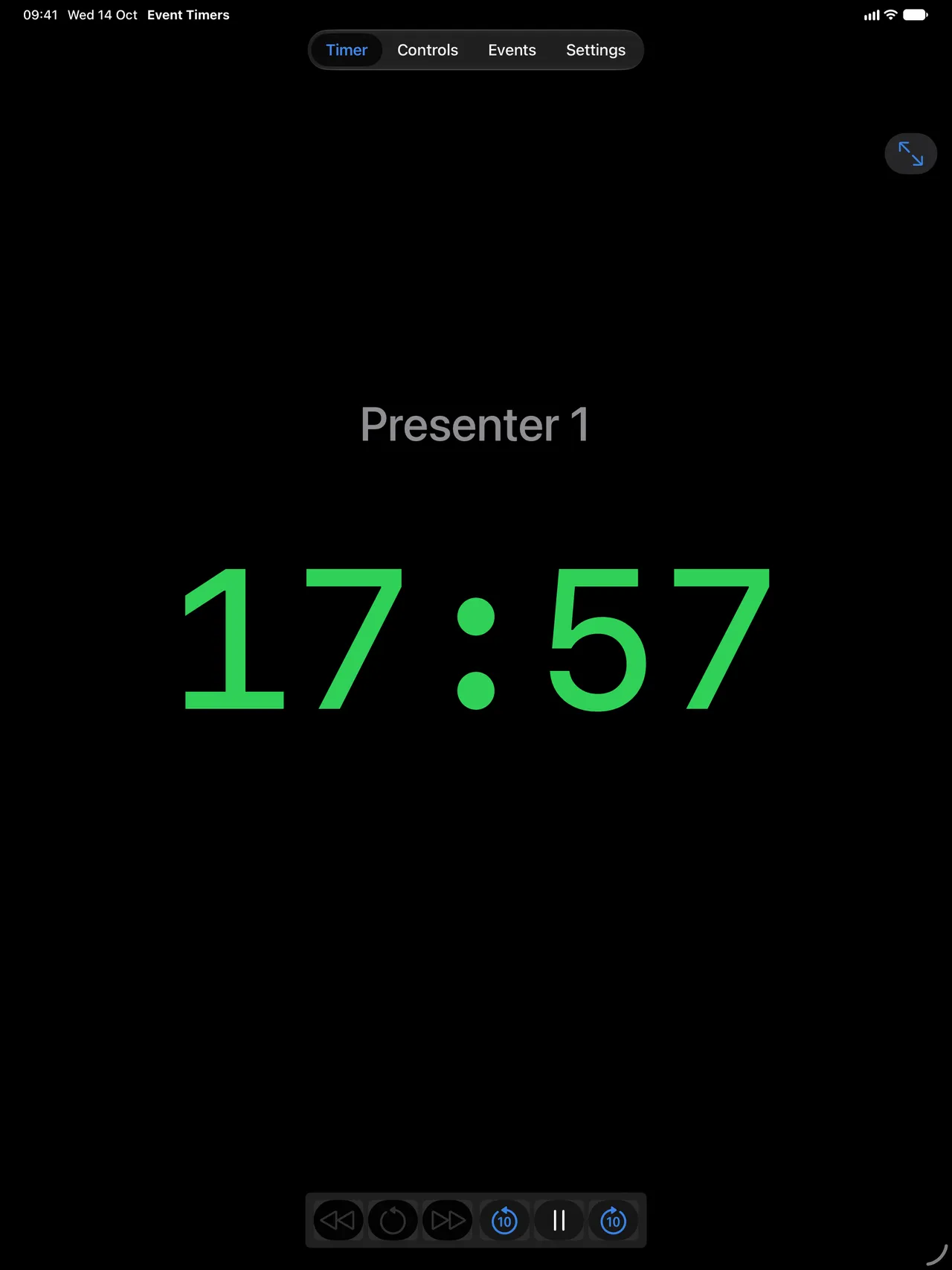 A countdown at 17:57 for Presenter 1 on iPad, with the transport controls below it