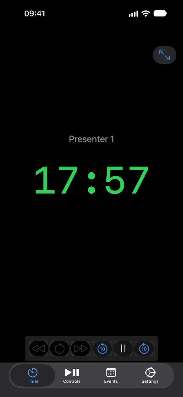 A countdown at 17:57 for Presenter 1 on iPhone, with the transport controls and the tab bar